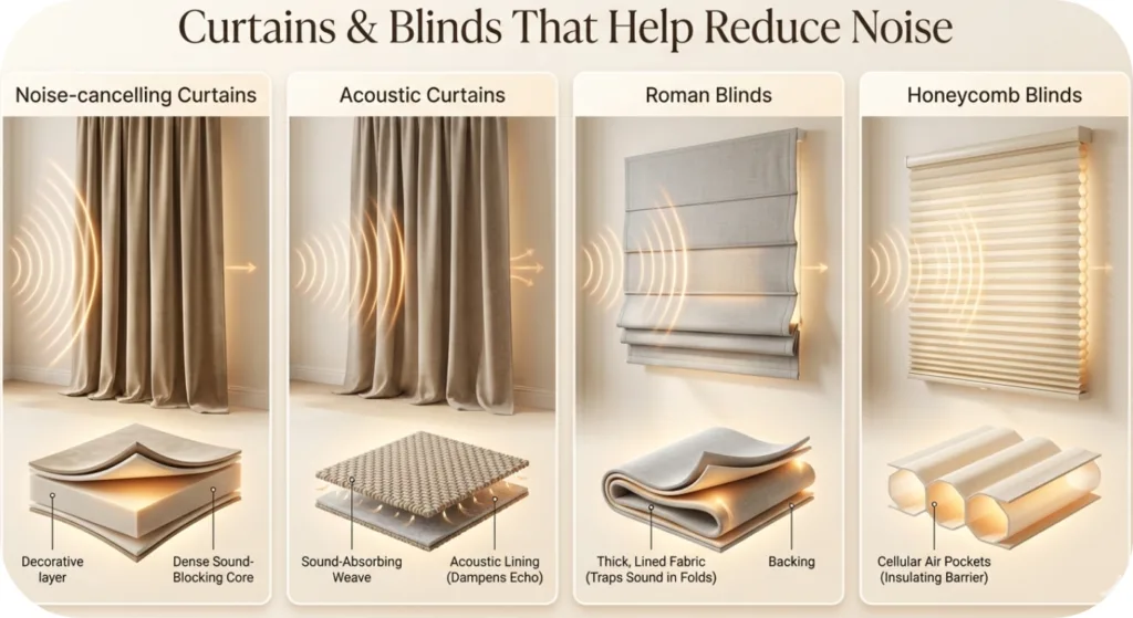 soundproof room with curtains & blinds